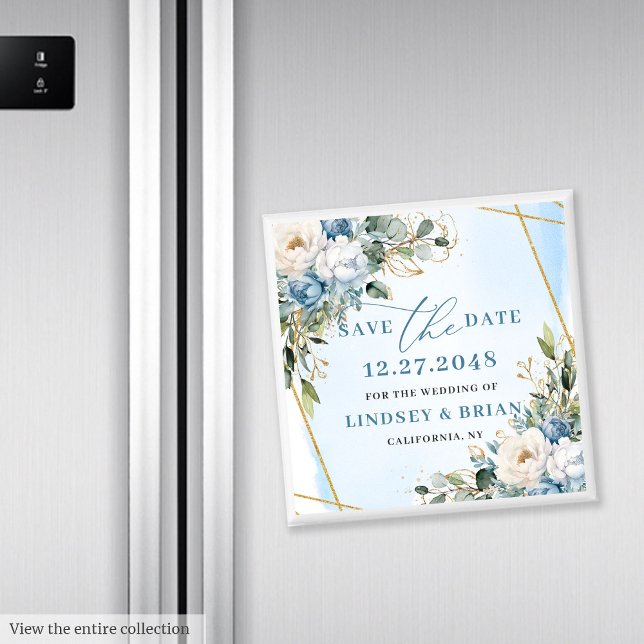 Romantiska dammiga blå vita peonblommor Spara datu Magnet (Romantic Dusty Blue White Peonies Save the Date)
