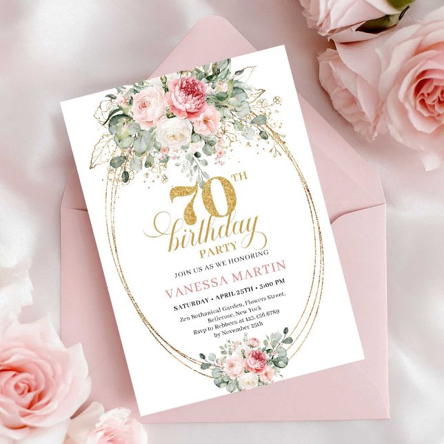 Romantiska dammiga rosa blommiga 70-års födelsedag inbjudningar (Romantic Dusty Pink Floral 70th Birthday Invitation)