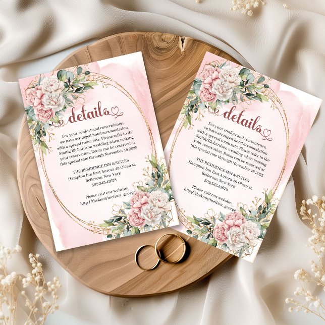 Romantiska dammiga rosa blommiga gröna detaljer ko tilläggskort (Romantic Dusty Pink Floral Greenery Details Card)