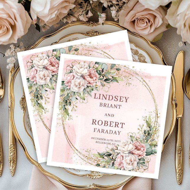 Romantiska dammiga rosa gröna bröllopsservetter av pappersservett (Romantic Dusty Pink Greenery Wedding Paper Napkins)