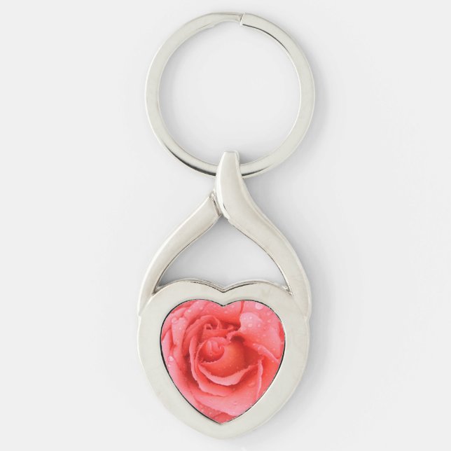 Romantiska droppar Rosa ros Vatten Twisted Heart Silverfärgad Nyckelring (Framsidan)