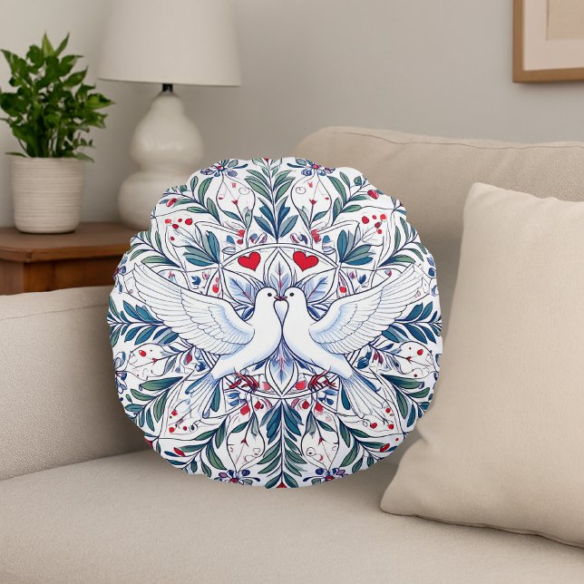 Romantiska duvor & blomsterhjärtmandala rund kudde (Skapare uppladdad)