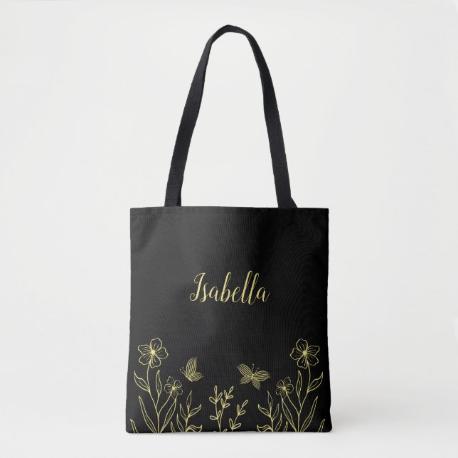Romantiska eleganta gula blommor svarta  tygkasse (Framsida)