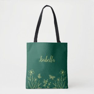 Romantiska eleganta guldfblommor smaragdgröna tygkasse