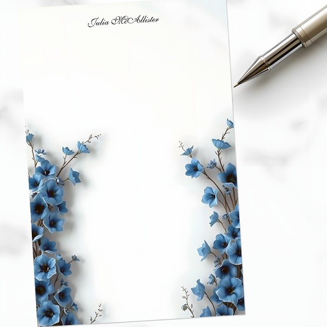 Romantiska Eleganta Lugna Blå Blommor Brevpapper (Skapare uppladdad)