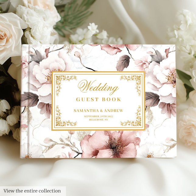 Romantiska  Elfenbenskusten Guld Blommigt Bröllop  Gästböcker (Romantic Blush Ivory Gold Floral Wedding Guest Book

)