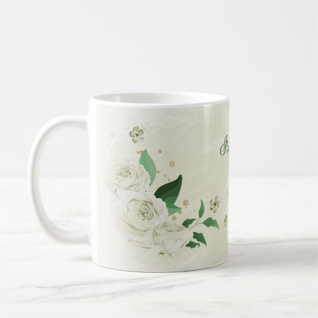 Romantiska elfenbensvita blommor grönska kaffemugg (Vänster)