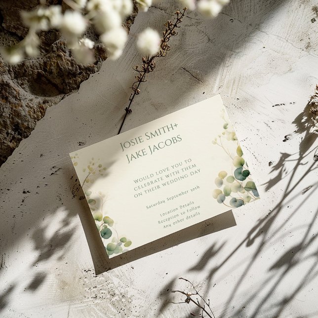 Romantiska eukalyptus Löv, silver-dollar bröllop Inbjudningar (Romantic Eucalyptus Leaves, silver dollar wedding Invitation card with names and rsvp details.)