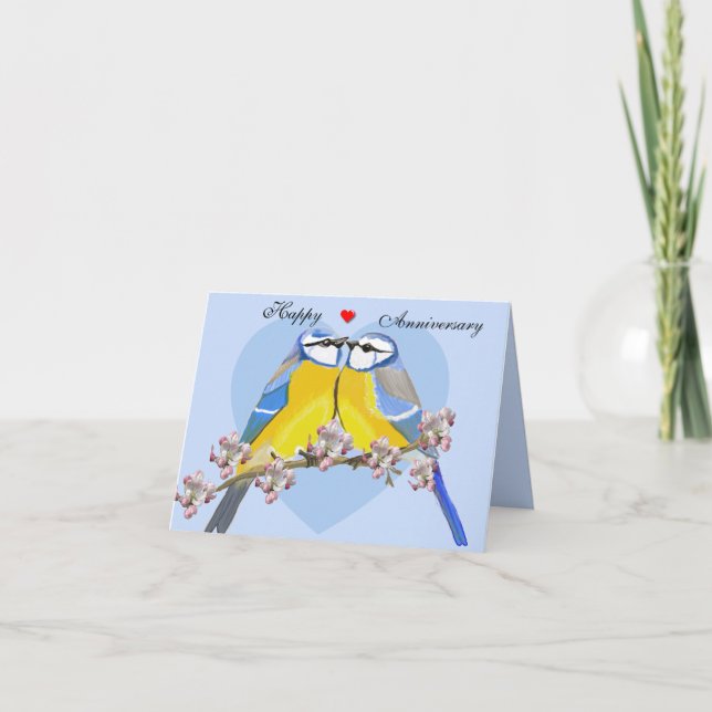 Romantiska fåglar, Cyanistes Caeruleus årsdag Kort (Framsida)