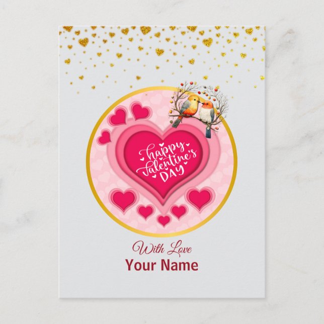 Romantiska fåglar på Alla hjärtans dag och hjärta  Vykort (Framsida)