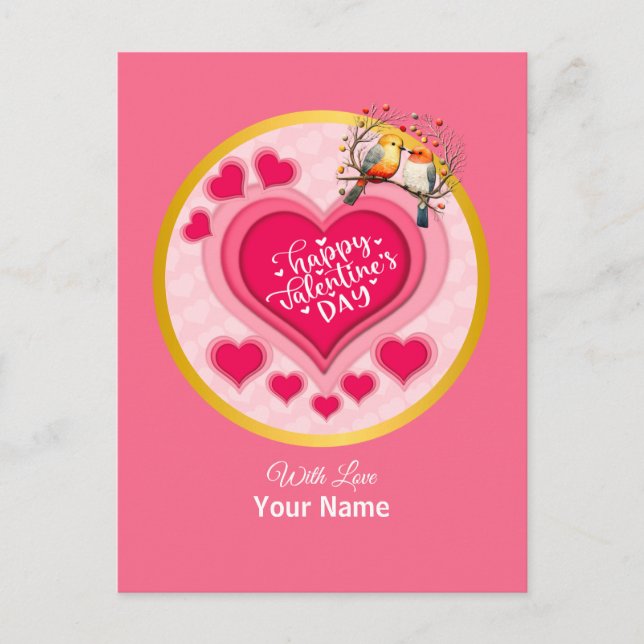Romantiska fåglar på gren valentines dag och hjärt vykort (Framsida)