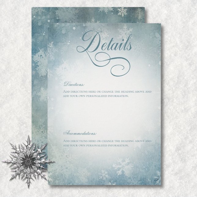 Romantiska fallande snö blå och vit bröllopsdetalj tilläggskort (Romantic Falling Snow Blue & White Wedding Details Enclosure Card)