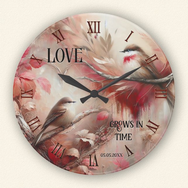 Romantiska fantasifulla kärleksfåglar  rund klocka (Wall clock featuring a whimsical painting of two cute birds - with classic elegant Roman numerals)