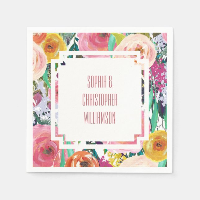 Romantiska färgade blommor pappersservett (Framsidan)