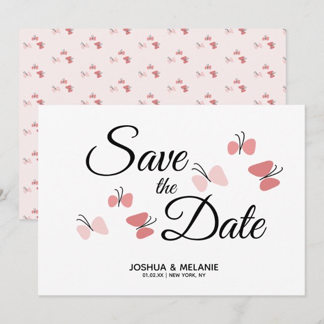 Romantiska fjärilar rosa Save the Dates  (Fram/baksida)