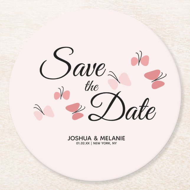 Romantiska fjärilar rosa Save the Dates   Underlägg Papper Rund (Framsidan)