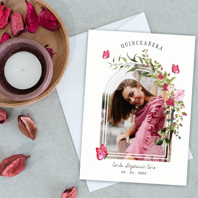 Romantiska fjärilar spansk Quinceañera-fotografi Inbjudningar (Skapare uppladdad)