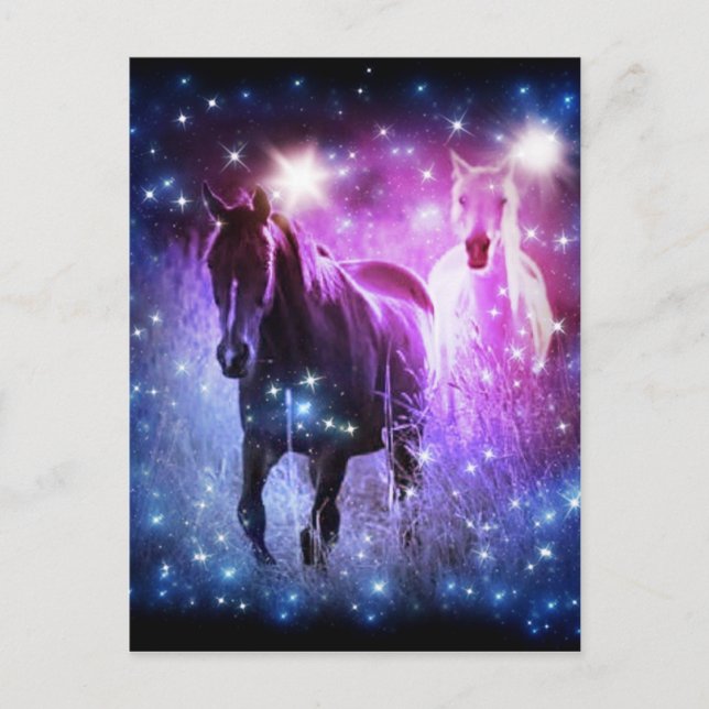 Romantiska Galaxy Blue lila stars Galloping Horses Vykort (Framsida)
