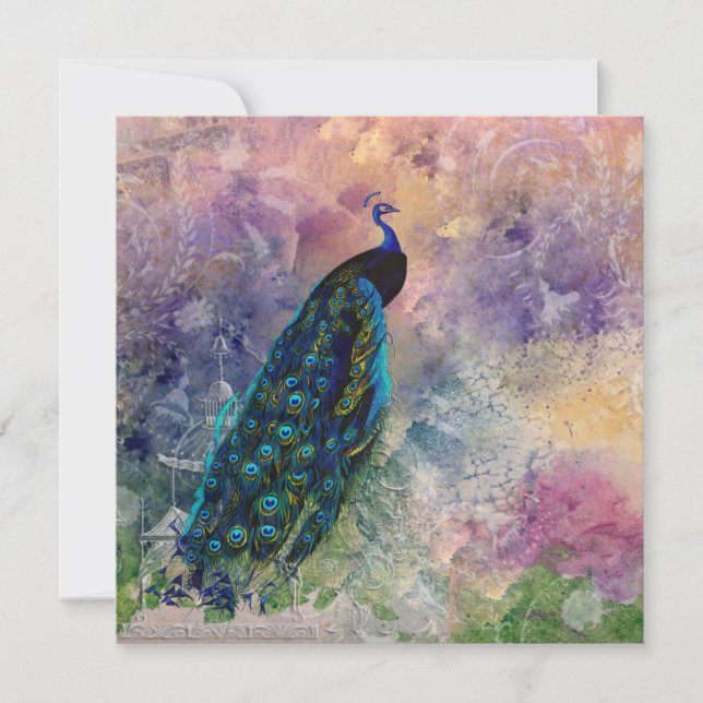 Romantiska Gazebo Peacock och Watercolor Inbjudningar (Framsida)