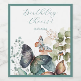 Romantiska gröntar, blommor och fjäril vinflaska etikett