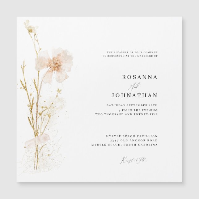 Romantiska guld- och rosafärgade pressade blommor  magnetisk inbjudningskort (Framsida)