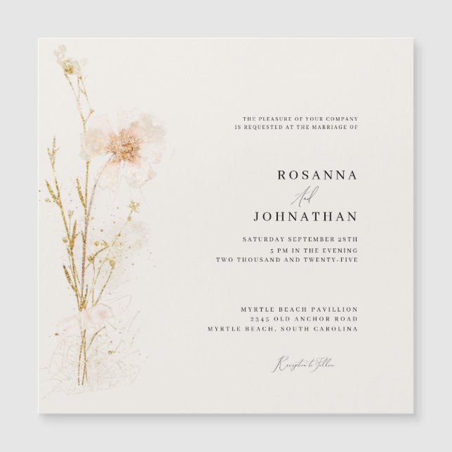 Romantiska Guld och  tryckta blommor Bröllop Magnetisk Inbjudningskort (Framsida)