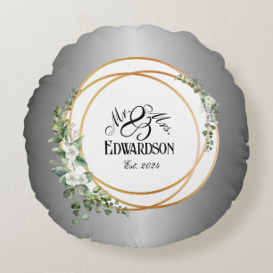 Romantiska Guldringar & Blommig årsdag Rund Kudde