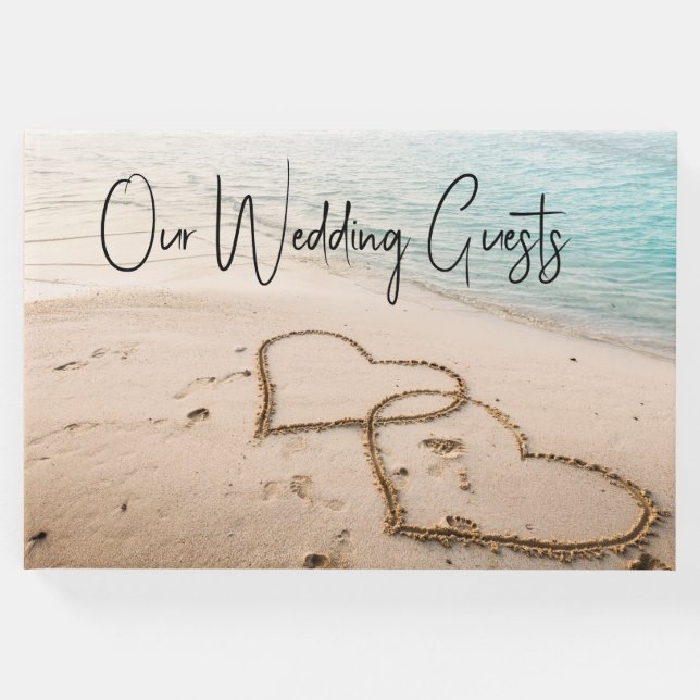 Romantiska Hearts in Sand Beach Wedding Gästböcker (Framsida)