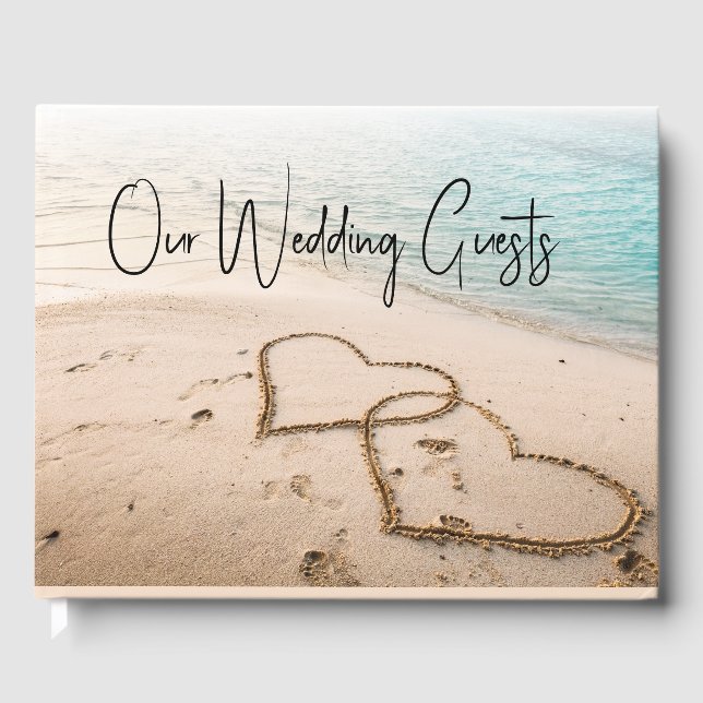 Romantiska Hearts in Sand Beach Wedding Gästböcker (Framsida)