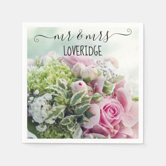 Romantiska herr- och fru-rosa blom-wedding pappersservett (Framsidan)