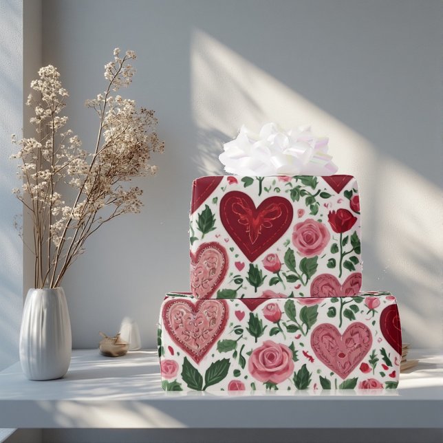 Romantiska hjärtan möter botanisk elegans rustik  presentpapper (Romantic Hearts Meets Botanical Elegance Rustic Wrapping Paper)