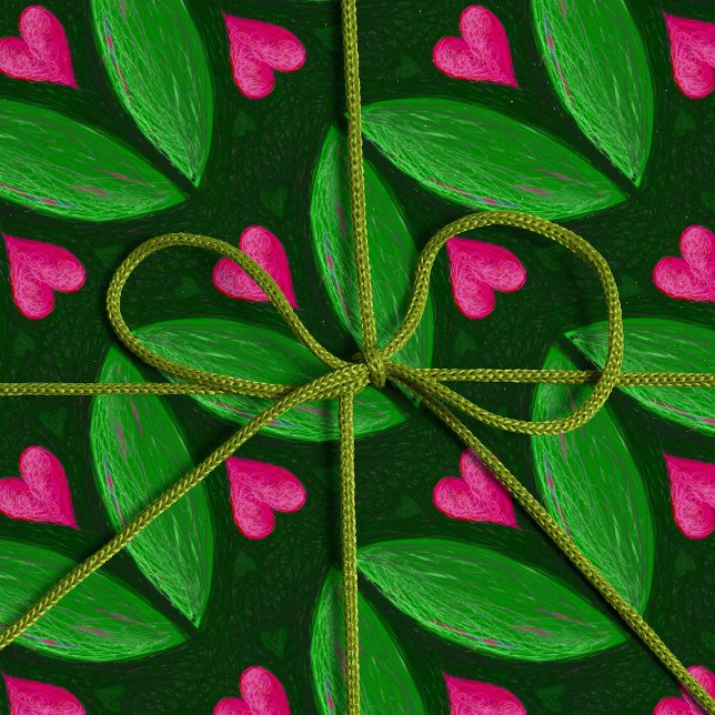 Romantiska hjärtan och löv - grönt och rosa färg presentpapper (Skapare uppladdad)