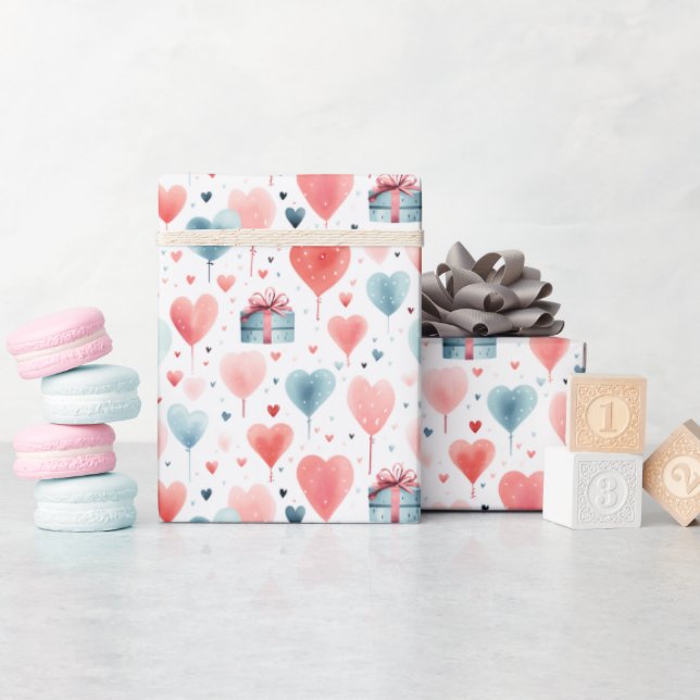 Romantiska hjärtballonger och gåvor vattenfärg Mön Presentpapper (Baby Shower)