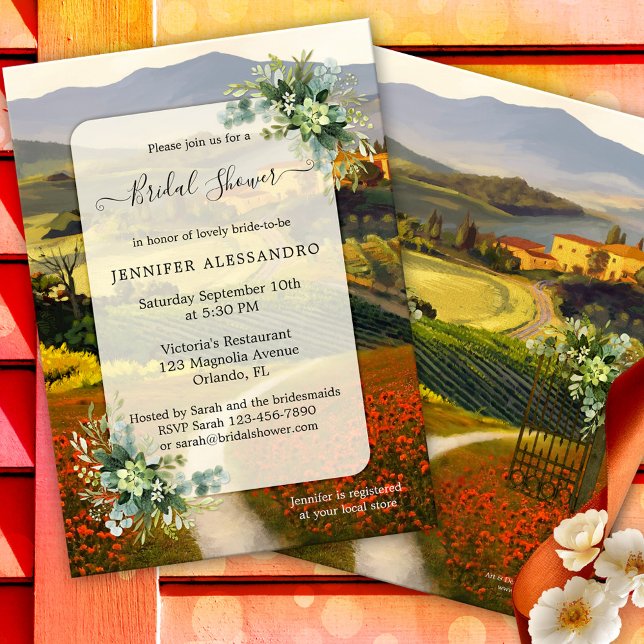 Romantiska italienska Inbjudningskort för möhippan (Original bridal shower invitation featuring a fine art painting of an Italian landscape scene)
