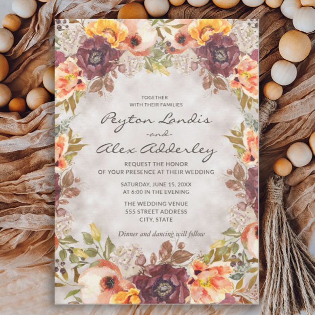 Romantiska jordnära toner Höst Bröllop Floral I Inbjudningar (Rust and orange watercolor floral wedding invitation for fall weddings)