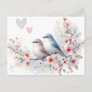 Romantiska kärleksfåglar Körsbärsblomgren Helg Vykort