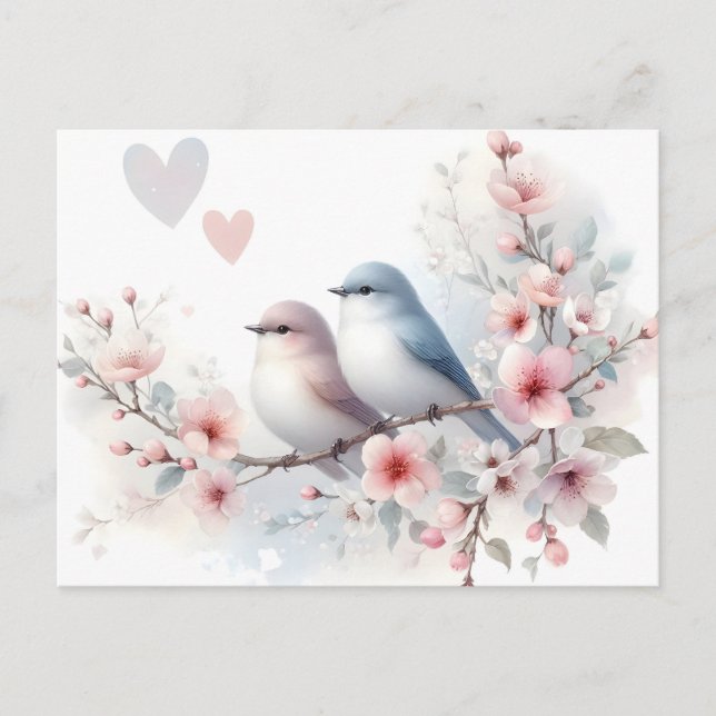 Romantiska kärleksfåglar Körsbärsblomgren Helg Vykort (Framsida)