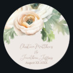 Romantiska körsbärsranunkler på elfenben runt klistermärke<br><div class="desc">Dessa romantiska blomstermärkesklistermärken har en elegant elfenbensfärgad bakgrund med akvarellranunkelblommor. En delikat bukett av körsbärs- och vitfärgade ranunkler visas längst upp. Namnen på ett exempel på ett nygift par och datum för bröllopet är tryckta nedan. Du kan anpassa klistermärkena så att de innehåller dina egna namn eller text.</div>