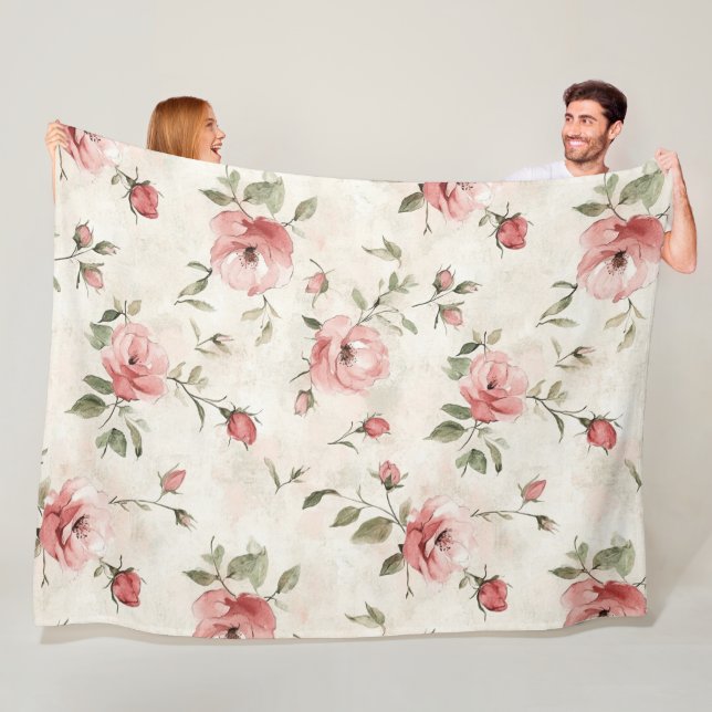 Romantiska krämfärgade rosa rosor blommig  fleecefilt (På plats)