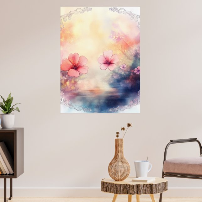 Romantiska kronblad – Akvarell Blommotiv Poster (Vardagsrum 3)