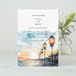 Romantiska Lanternor Sunset Glow Beachscape Bröllo Inbjudningar