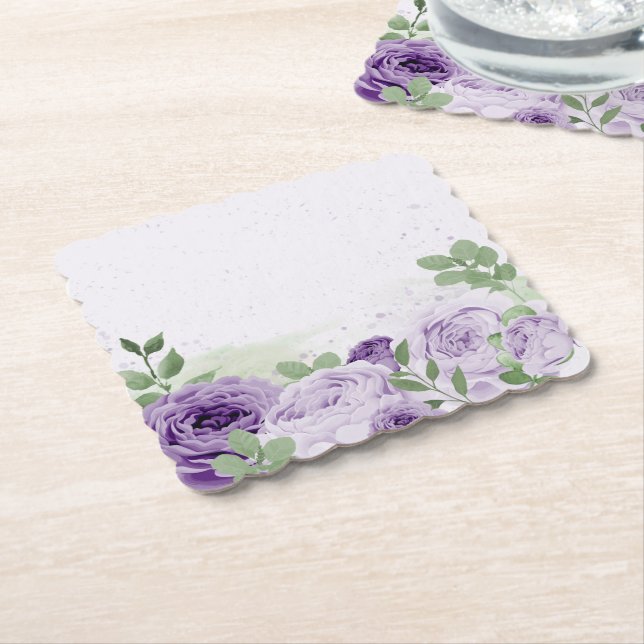 romantiska lila blommor gröna blad botaniska  underlägg papper (Vinklad)