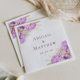 Romantiska lila guld blommiga bröllopsservetter pappersservett