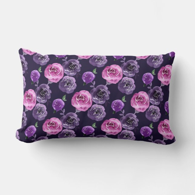 Romantiska lila och rosa akvarellrosor blommig lumbarkudde (Framsida)