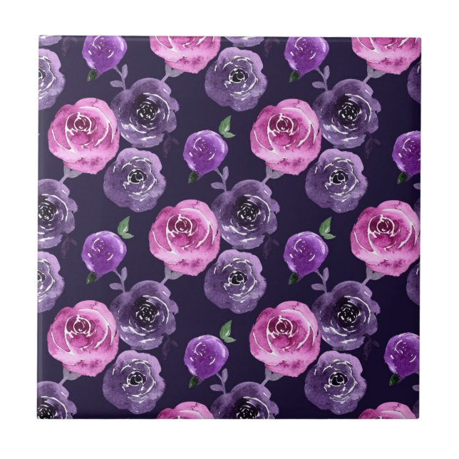 Romantiska lila & rosa akvarellrosor blommor kakelplatta (Framsidan)