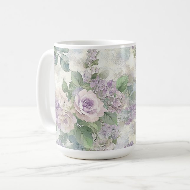 Romantiska lila rosa blommor kaffemugg (Framsida vänster)