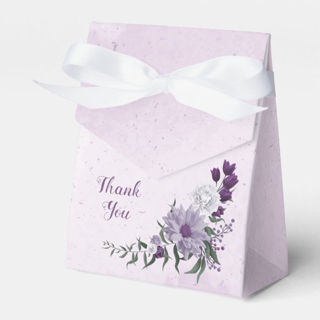 Romantiska lila vita blommor grönska bröllop presentaskar (Framsidan Sidan)
