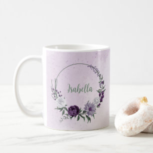 Romantiska lila vita blommor grönska kaffemugg