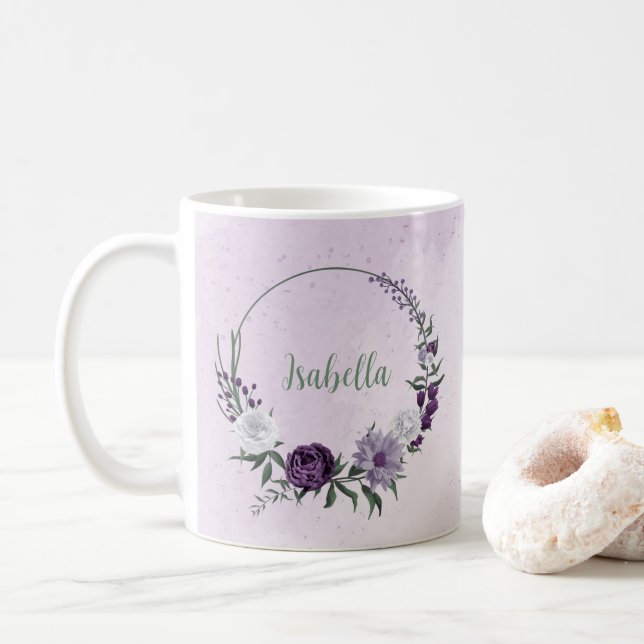 Romantiska lila vita blommor grönska kaffemugg (Med munk)