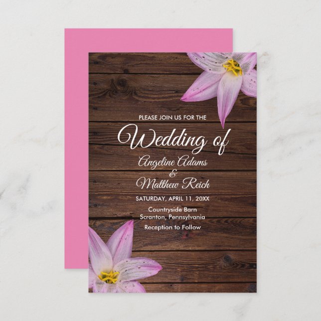 Romantiska Lilly-blommor Trä Formellt Bröllop Inbjudningar (Fram/baksida)